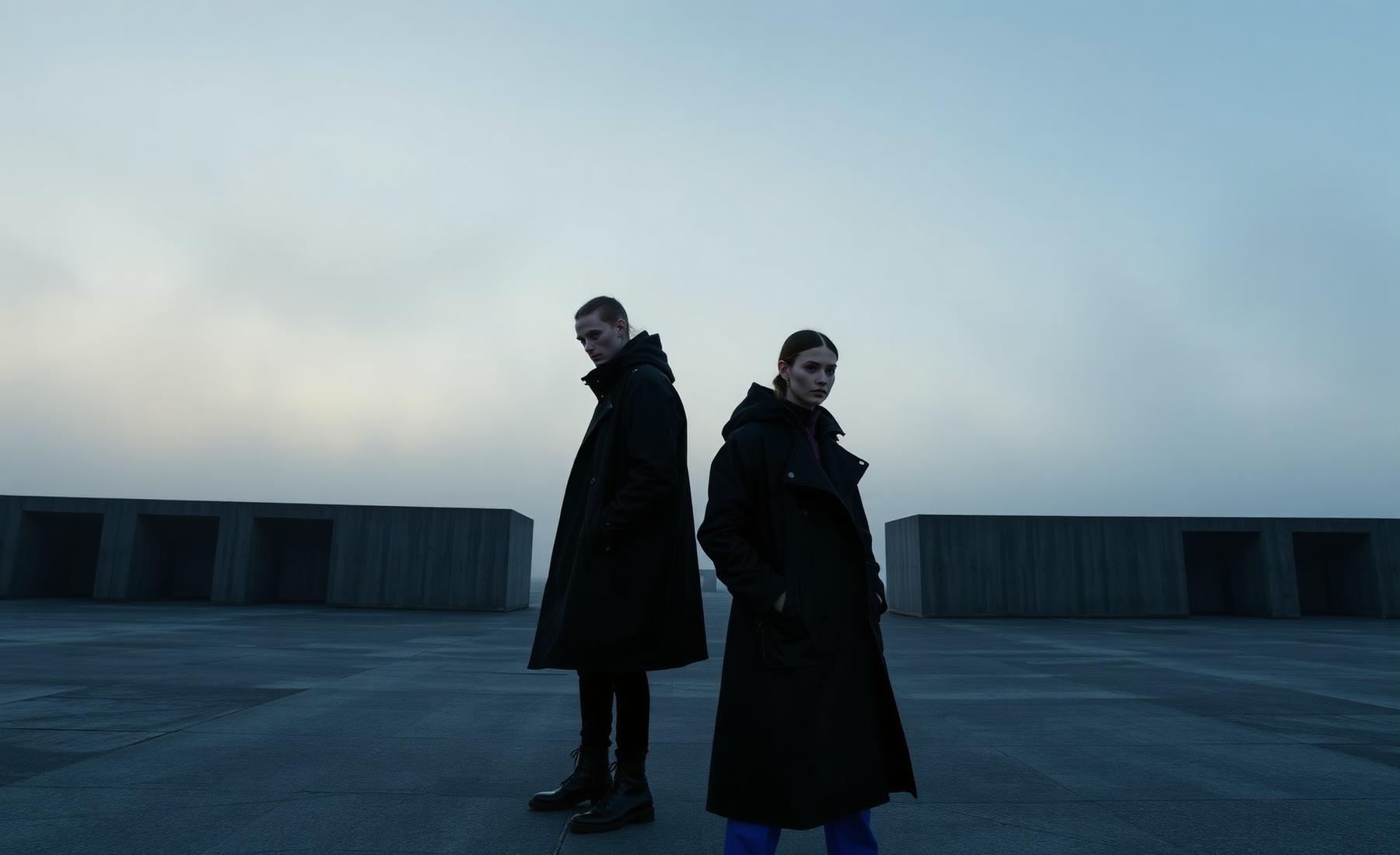 Two models in NØVA FORM outerwear in a brutalist plaza