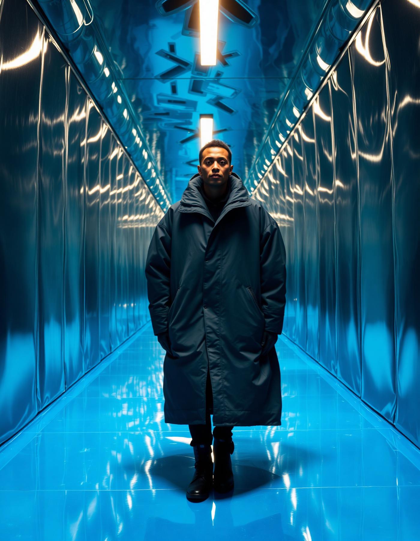 Model in a chrome corridor wearing NØVA FORM parka